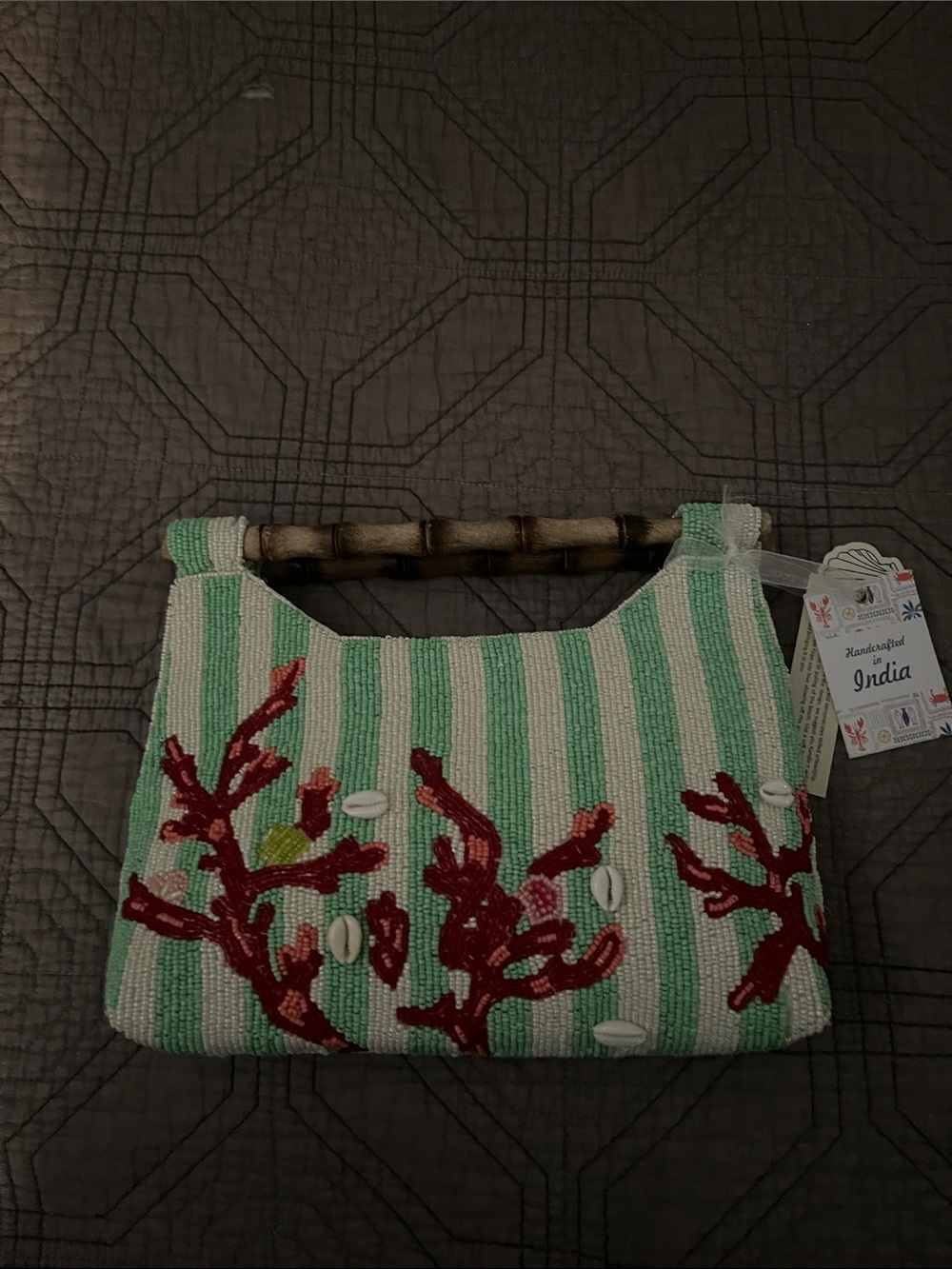T.J.Maxx Green & White Striped Beaded Coral Embroidered Wristlet